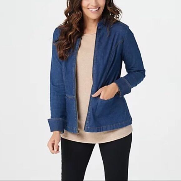 Denim & Co. Stretch Denim Long Sleeve Zip Front Jean Jacket - Picture 2 of 5